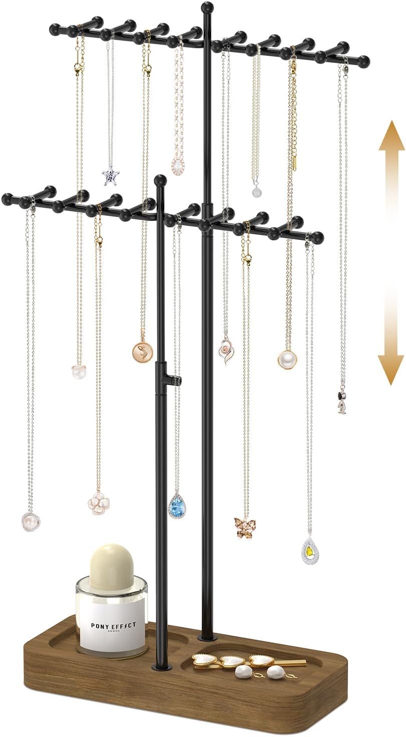 MODOWEY Necklace Holder Organizer Stand with 36 Hooks, Tall Display Tree Rack for Women Men Jewelry Storage, Adjustable 2 tier Metal Hanger Wood Tray for Vendor, Large Capacity for Dresser Small Space