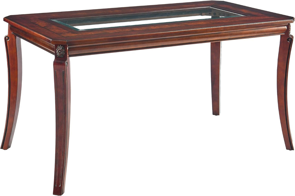 Rectangular Glass Dining Table 59” with Cherry Veneer Frame and Solid Wood Le...