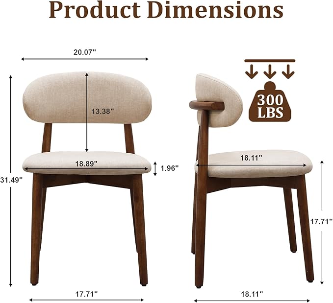 Farmhouse Dining Chairs Set of 4, Mid Century Modern Wooden Dining Room Chairs, Farmhouse Fabric Upholstered Kitchen Dinner Chairs for Living Room Restaurant Cafe, Walnut/Light Camel