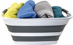 SAMMART Collapsible Plastic Laundry Basket with Dual Grip Handles 27L (7.1 Gallons) -Foldable Pop Up Storage Container/Organizer - Portable Space Saving Washing Tub/Hamper (1, White/Steel Grey)