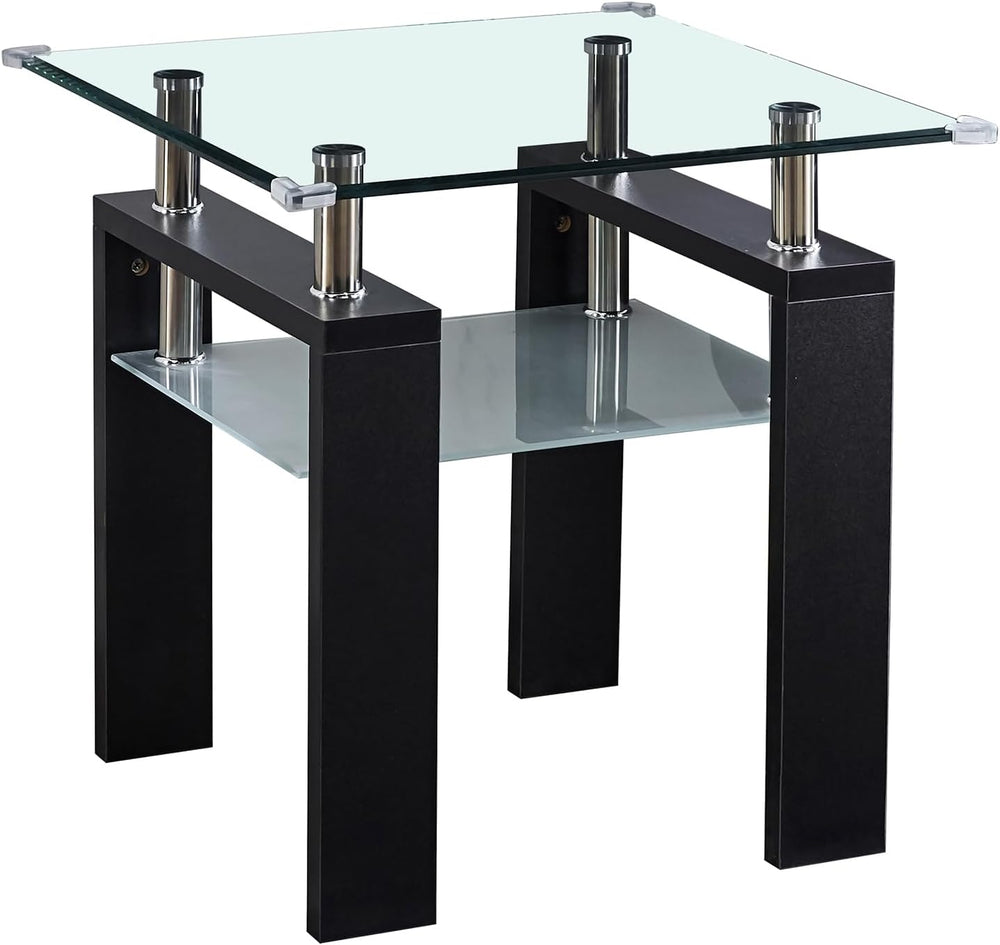2-Tier End Table with Tempered Glass Top and MDF Frame, Modern Black Square S...