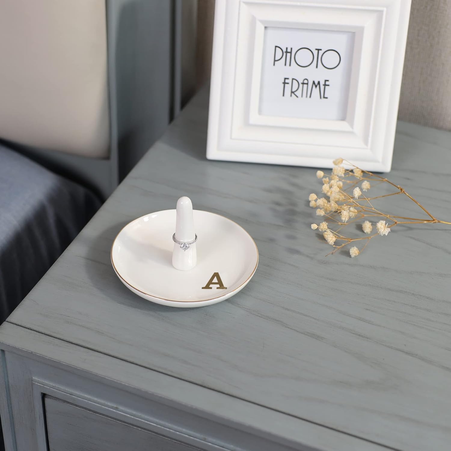 HOME SMILE Initials Ring Holder Jewery Tray with personalized A-Monogrammed Engagement Gifts for Friends,Birthday Mother's Day Christmas Gifts for Women,Ceramic White