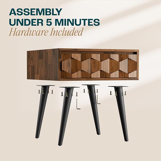 Bme Georgina Solid Wood Nightstands with Drawers - Fully Assembled Rustic Geometric Pattern Bedside Cabinet - Mid Century Modern Side Table for Living Room, Bedroom, Dark Chocolate