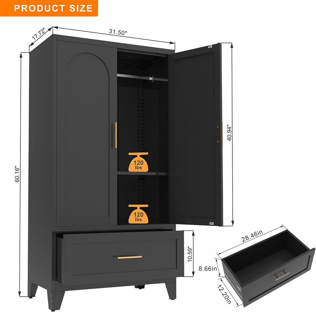 Anwick Metal Wardrobe Closet, 60" Tall Black Metal Wardrobe Cabinet | Hanging Rod, 1 Drawer, 2 Doors and Adjustable Shelf for Bedroom Guest Room Laundry Room