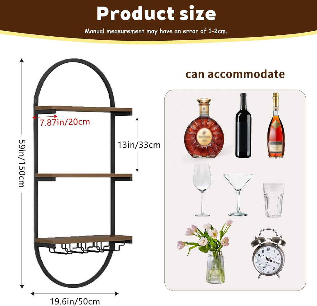 Wall Mount Wine Rack, 3-Tier Metal Oval Design Wine Rack Wall Mounted, Wine Bottle Holder for Home Bar, Wine Kitchen Storage Liquor, Champagne(Black, 1PCS)