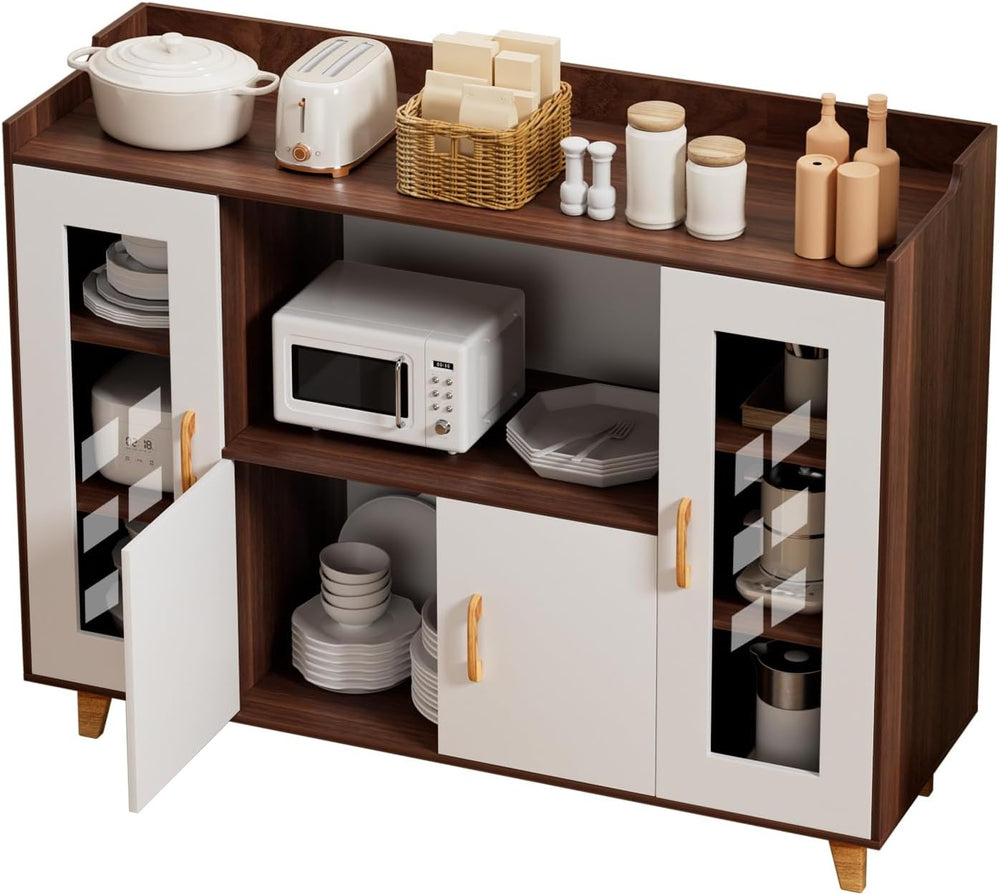 120cm Kitchen Storage Cabinet with 4 Doors & Open Shelf, Wood Grain Buffe...