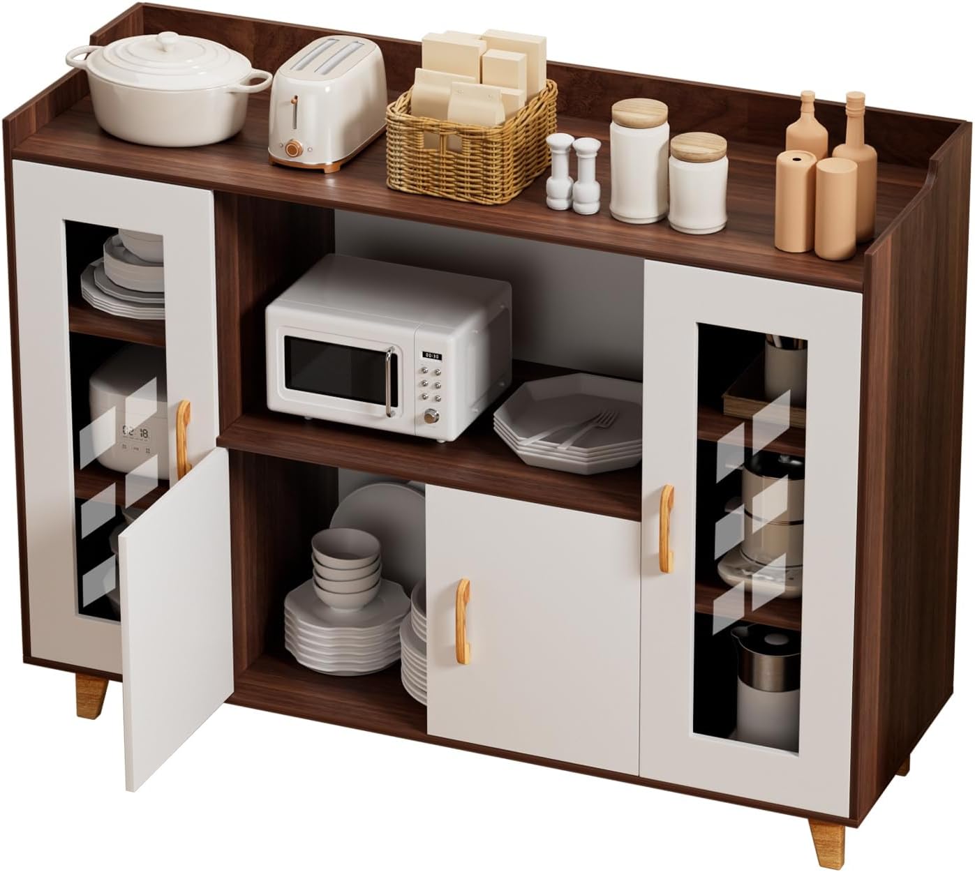 120cm Kitchen Storage Cabinet with 4 Doors & Open Shelf, Wood Grain Buffet Sideboard for Dining Room, Multi-Purpose TV Stand & Coffee Bar Cabinet Brown