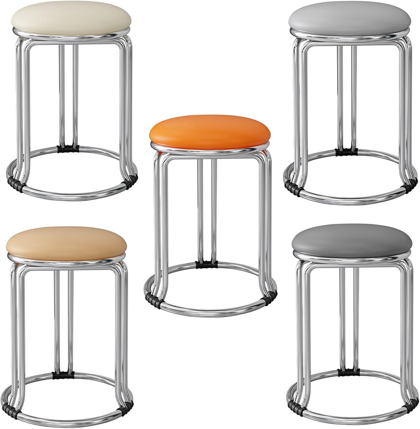 Waiting Room Chair, Round Stool, Dining Chairs, Stackable Kitchen Stools, Metal Frame, for Small Spaces Home Bedroom Study(Light Gray,Silver Chair Legs)