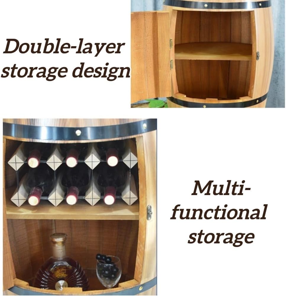 2-Tier Whiskey Barrel Table with Buckle, Solid Wood Barrel Side Table, Wine B...