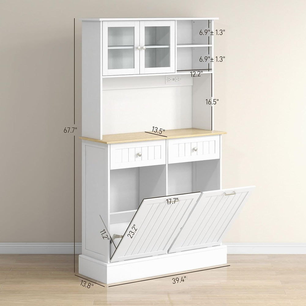 Pantry Storage Cabinet with Charging Station, 2 Tilt Out Trash Cabinets and M...