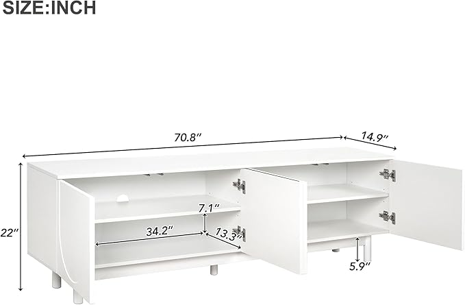 ON-TREND Graceful TV Stand with Arch Cabinets for TVs Up to 78'', Minimalist Entertainment Center with Solid Wood Legs, Practical Media Console with Adjustable Shelves for Living Room, White