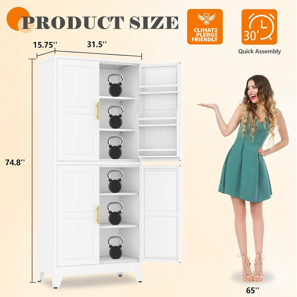 GAIOUS 74.8" Tall Metal Food Cabinet, White Kitchen Pantry Cabinet Cupbo...