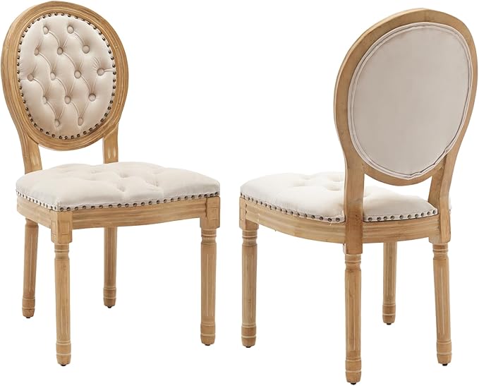French Country Dining Chairs Set of 2,Farmhouse Upholstered Dining Room Chairs with Tufted Round Back&Solid Leg,Velvet Kitchen Side Chairs for Kitchen/Bedroom/Dining Room,Beige