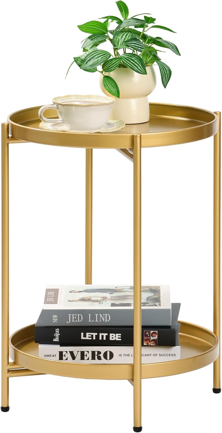 2-Tier Round End Side Table, Small Metal Side Table with Removable Tray, Fold...