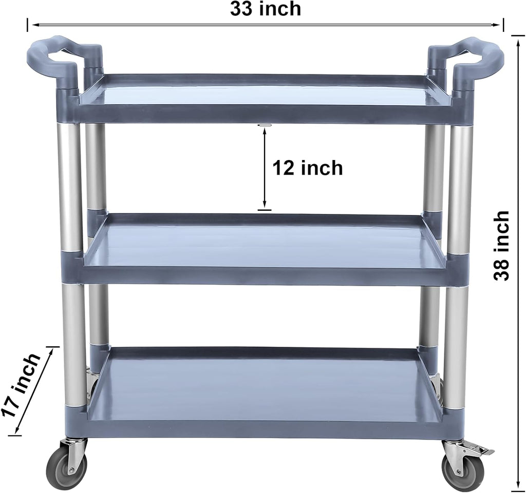 3-Tier Heavy Duty Utility Cart with Wheels, 43" Lx 21" W x 38" H, Durable Rolling Cart for Restaurant, Office, Kitchen, and Warehouse Use, Lockable 360° Swivel Casters Service Cart, Grey