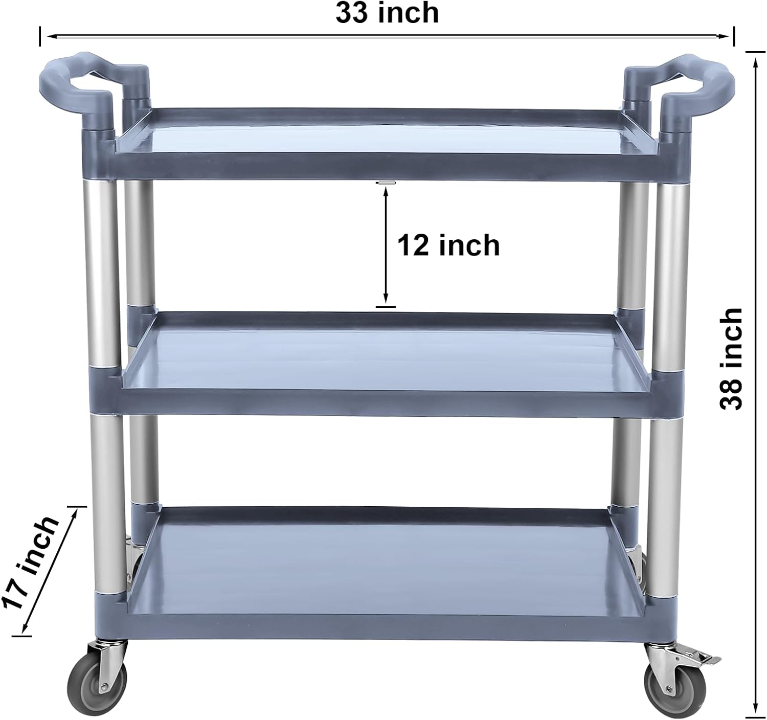 3-Tier Heavy Duty Utility Cart with Wheels, 43" Lx 21" W x 38" H, Durable Rolling Cart for Restaurant, Office, Kitchen, and Warehouse Use, Lockable 360° Swivel Casters Service Cart, Grey