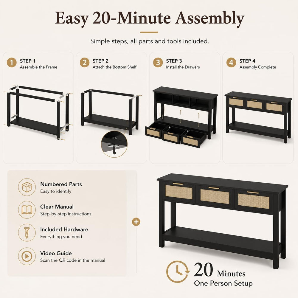Luoxiao Rattan Console Table 3-Drawer 47" Narrow Black Entryway Sofa Tab...