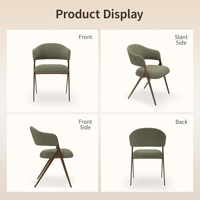 Dining Room Chairs Set of 4, Upholstered Dining Room Chairs, Mid Century Fabric Kitchen Chairs with Curved Backrest and Metal Legs, Green