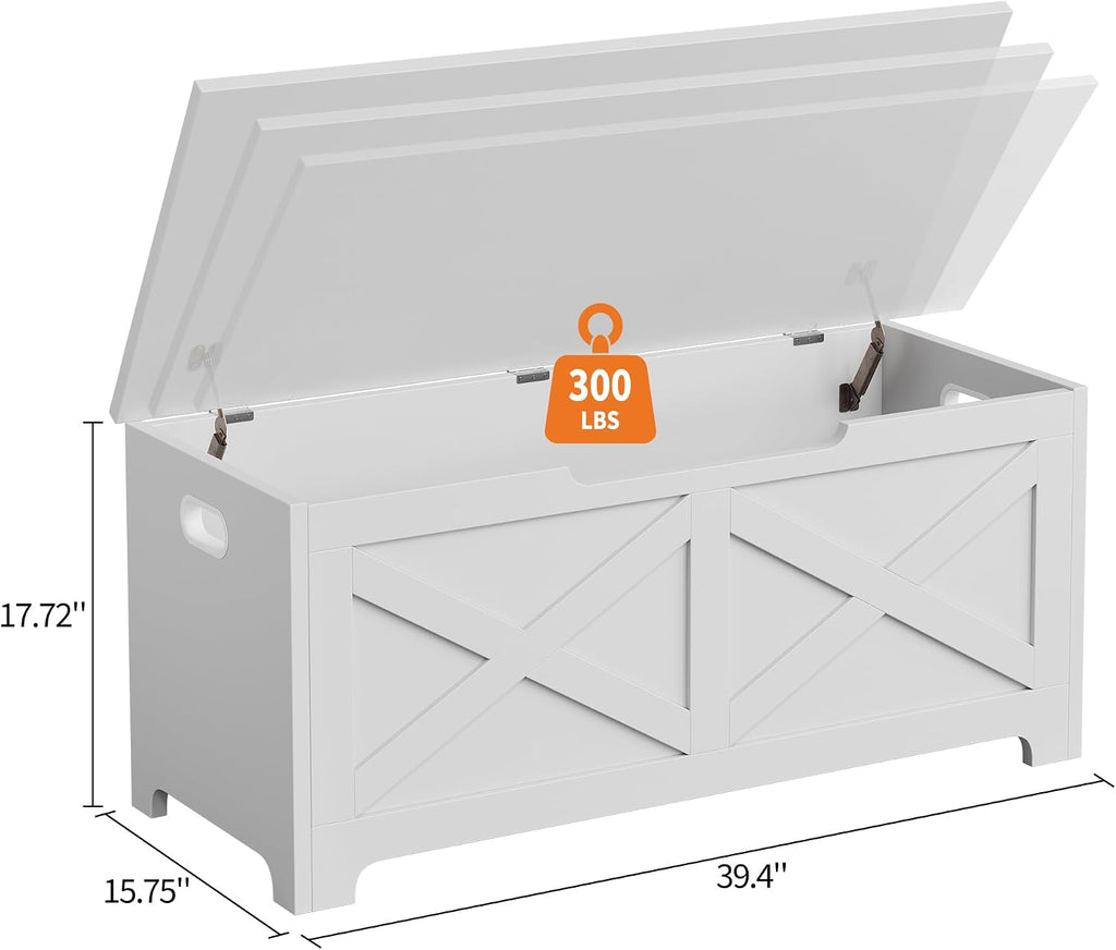 coucheta Storage Chest, Farmhouse Storage Trunk, Wooden Entryway Storage Bench with Safety Hinge and Lift-Top for Entryway, Living Room, White