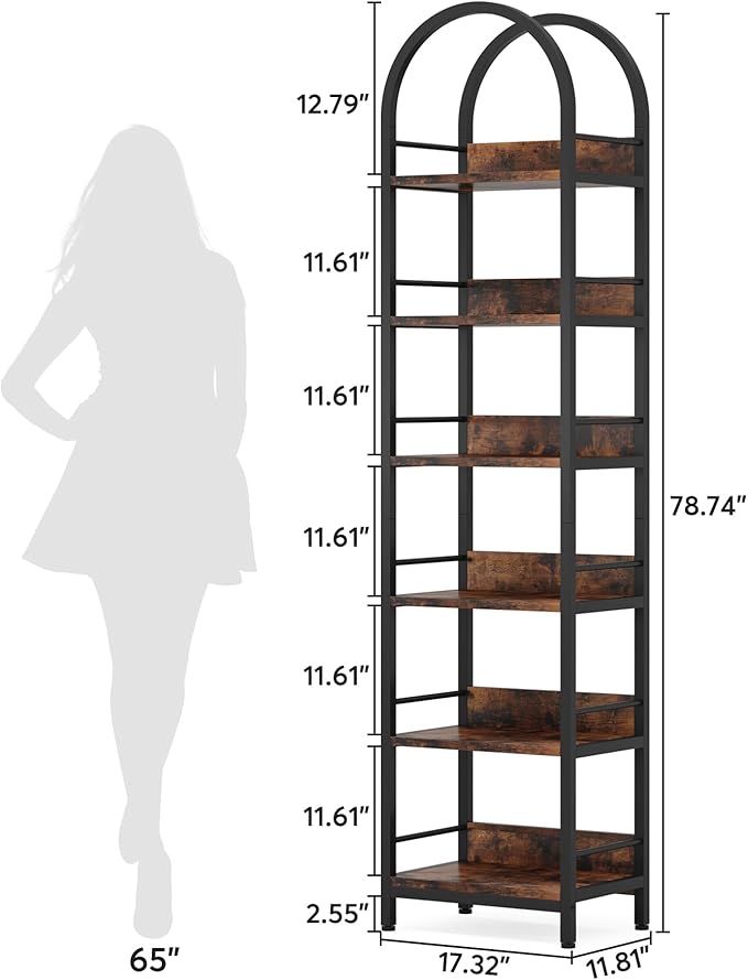 LITTLE TREE 78.7 Inches Tall Arched Bookshelf, 6 Tiers Skinny Open Bookcase w...