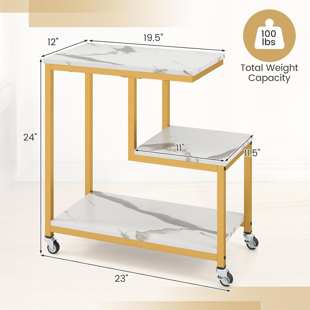 Giantex 3-Tier Side Table with Wheels, G-Shaped Mobile End Table with Open Sh...