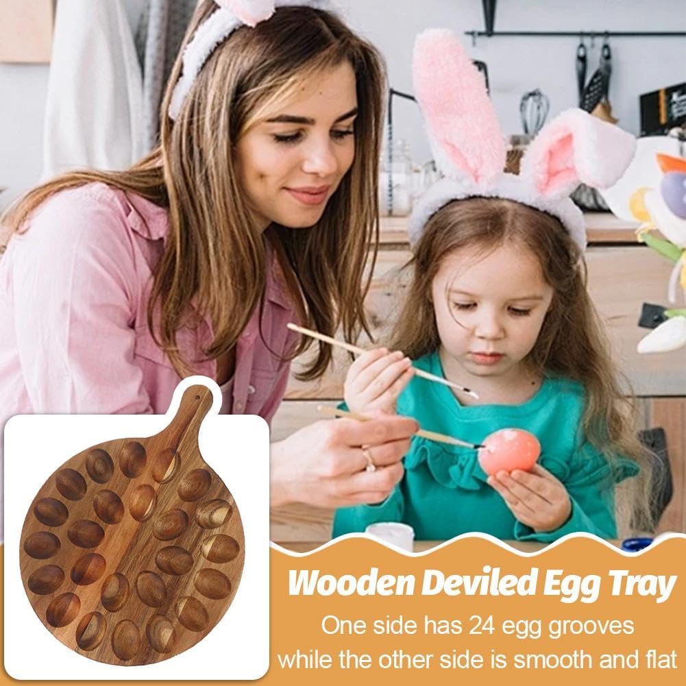24 Holes Wood Deviled Egg Platter Round Tray for Devilled Eggs Container, Charcuterie Board for Kitchen Countertops, Deviled Egg Tray Holder for Easter, Gathering, Thanksgiving & Parties
