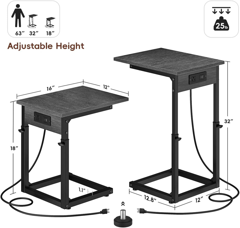 Vagusicc C Shaped End Table with Charging Station, 33" Tall Side Table f...