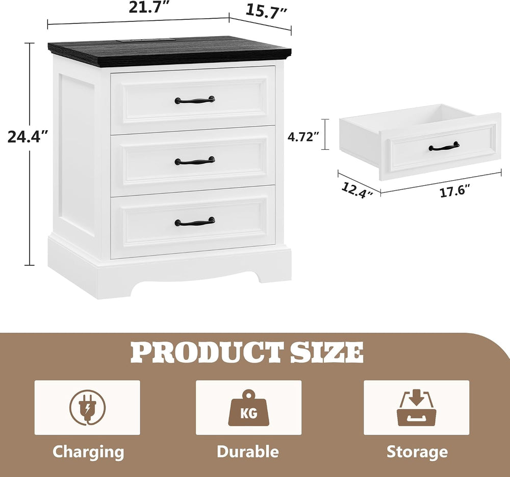 21.7W Farmhouse Nightstand Set of 2 with Charging Station,White End Table wit...