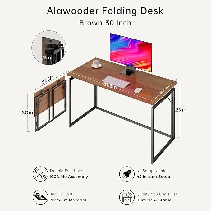Folding Desk 30 Inch - No Assembly Small Foldable Desk for Small Space, Minimalist Space Saving Collapsible Compact Desk Portable Table for Craft, Writing, Study and Work