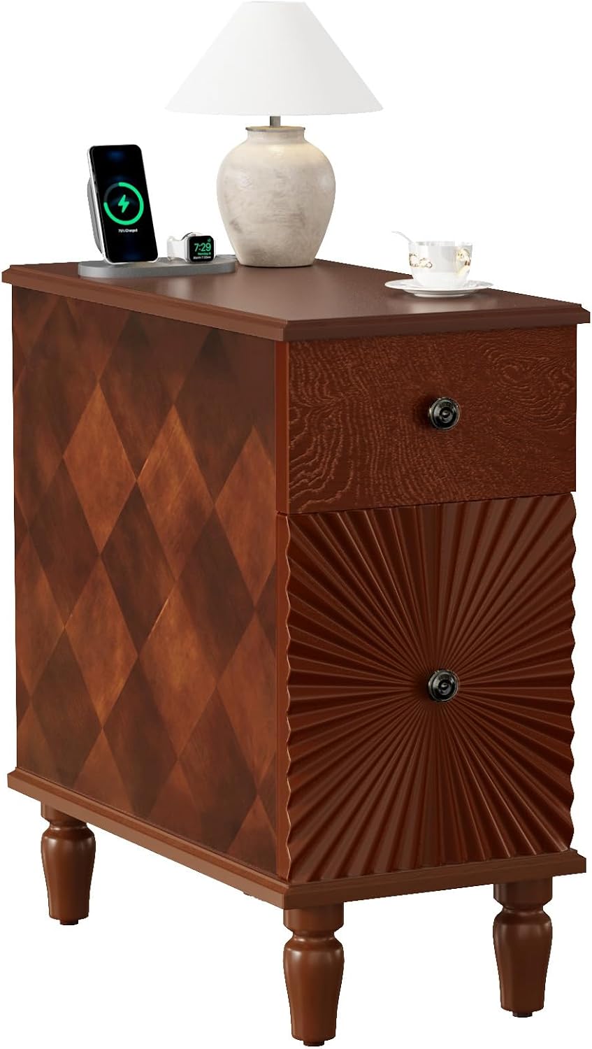 Narrow End Table with Charging Station, Slim Side Table with Drawers for Smal...