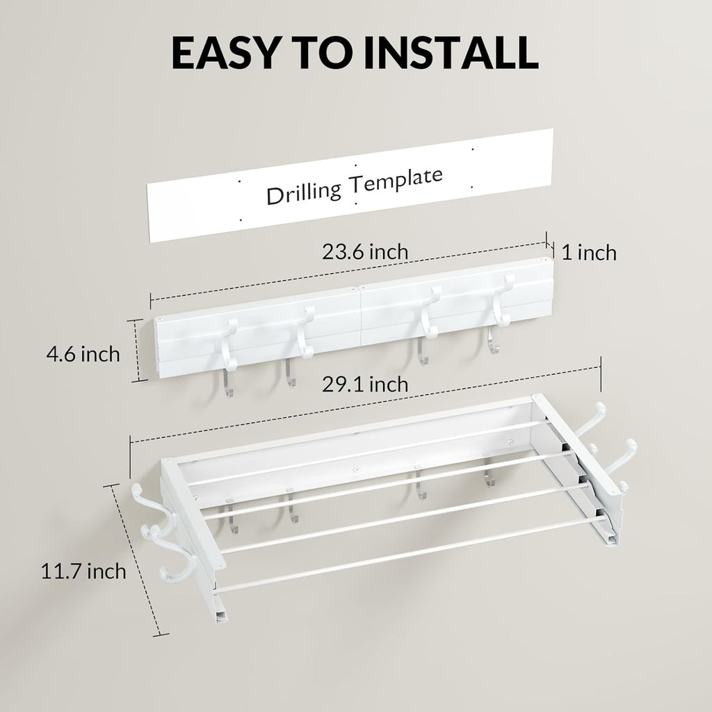 BAKON Wall Mounted Foldable Clothes Drying Rack - Indoor Outdoor Laundry Drying Rack with 4 Hooks & 4 Poles, Space Saving Concealed Design for Storage (23.6"【Upgrade】)