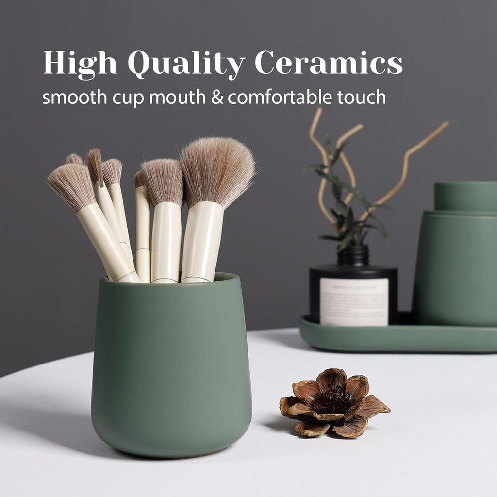 INGOFIN 3 Pcs Ceramic Bathroom Accessory Set - Liquid Soap Dispenser, Toothbrush Holder & Tray, Bathroom Counter Set, Countertop Essentials for Home, Guest Bathroom, or Office Use, Matte Green