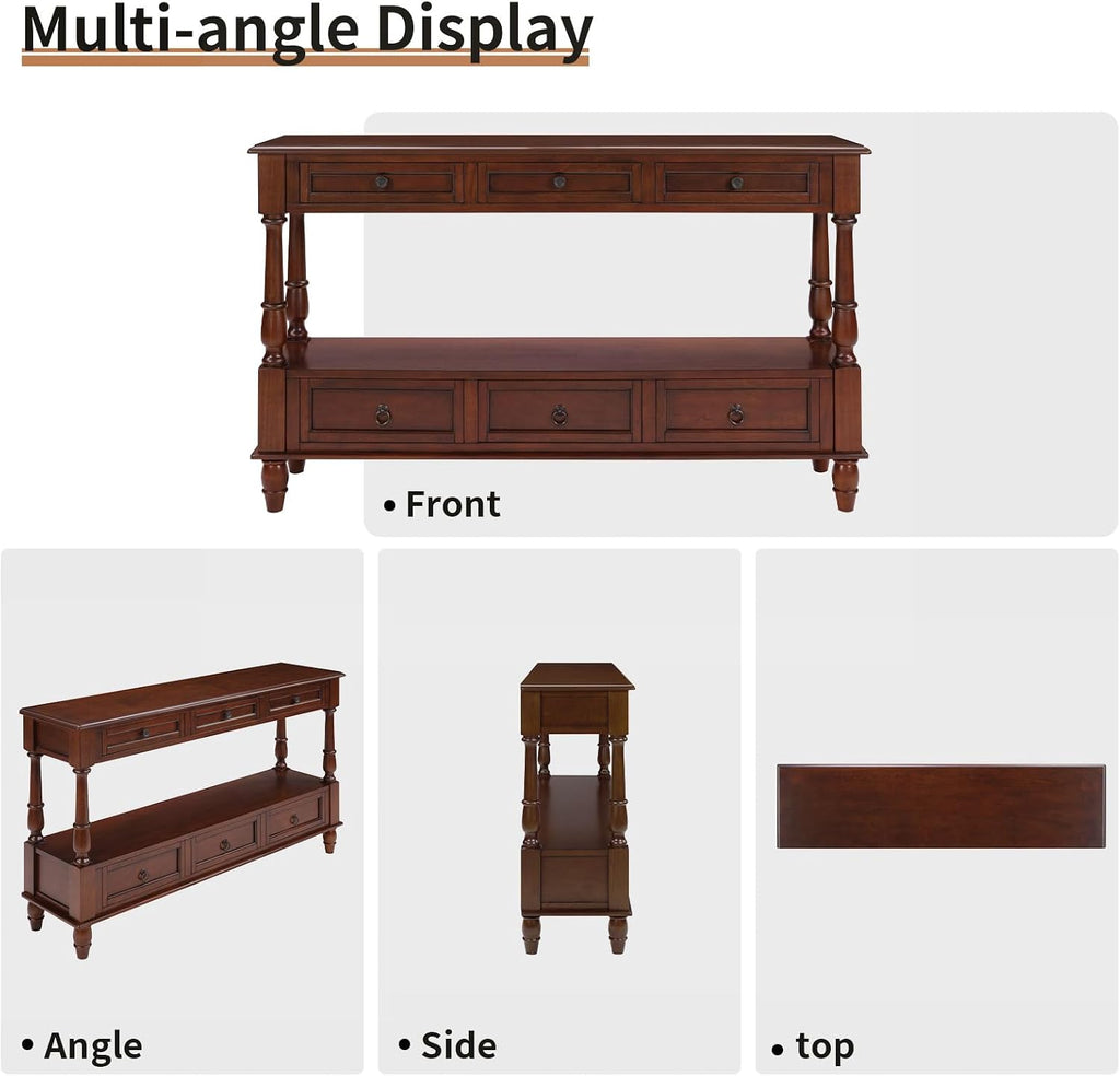 LKTART 54'' Solid Wood Console Table, Farmhouse Entryway Table with 6 Drawers and Shelf, Narrow Long Sofa Table with Storage for Living Room Hallway, Couch, Foyer (Cherry)