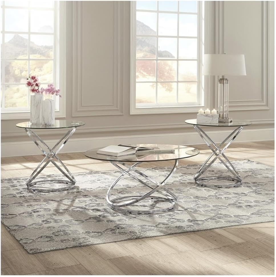 BOWERY HILL Modern 3-Piece Coffee Table Set, Glass Top with Chrome Metal Ring...