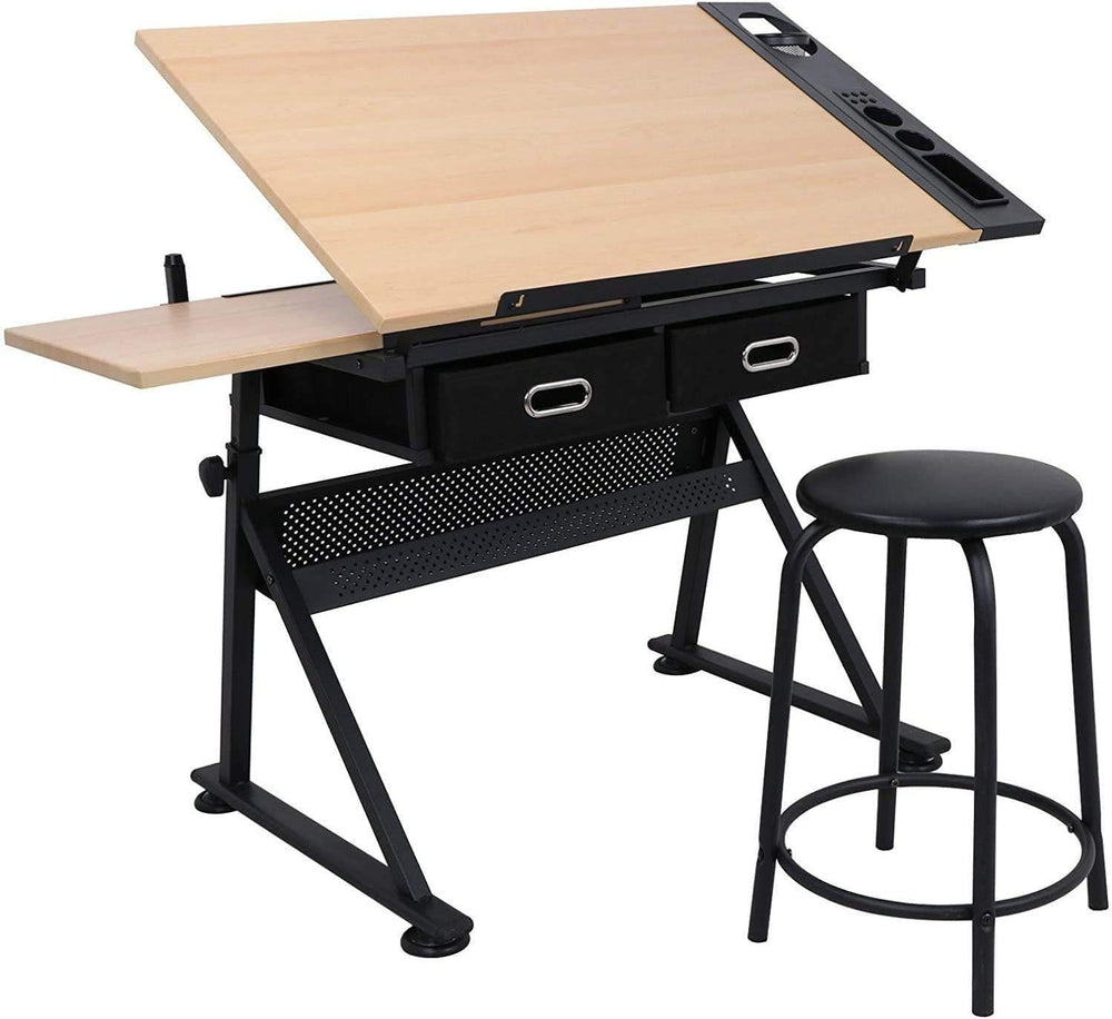 Drafting Table Drawing Desk Reclining Tiltable Tabletop Bundle Set with Stool...