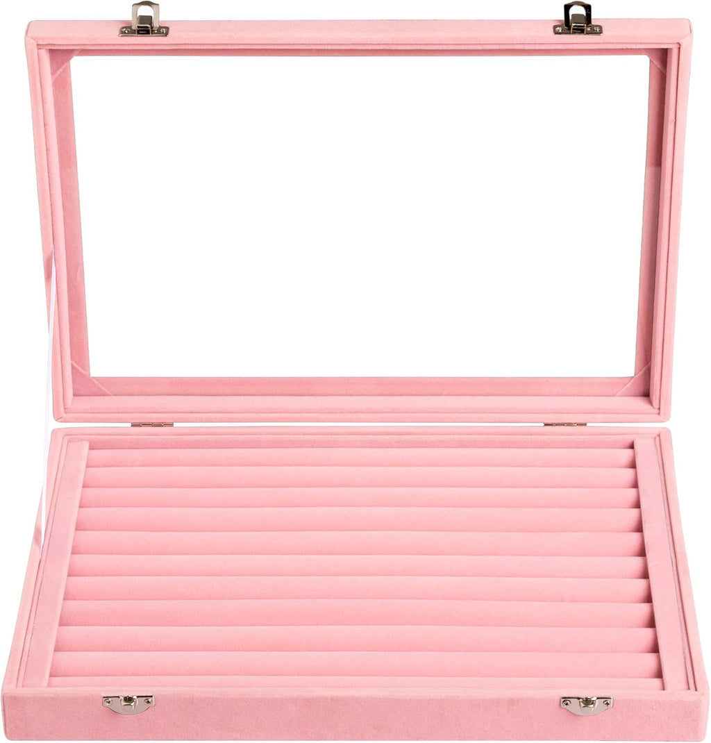 Frebeauty Rings/Earrings Organizer Tray with Clear Lid 10 Slots Velvet Drawer Insert Jewelry Storage box Transparent Glass lid Jewelry Display Case Showcase Gift for Girls Women (Pink, 10 Slots)