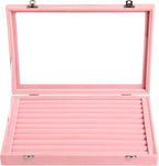 Frebeauty Rings/Earrings Organizer Tray with Clear Lid 10 Slots Velvet Drawer Insert Jewelry Storage box Transparent Glass lid Jewelry Display Case Showcase Gift for Girls Women (Pink, 10 Slots)