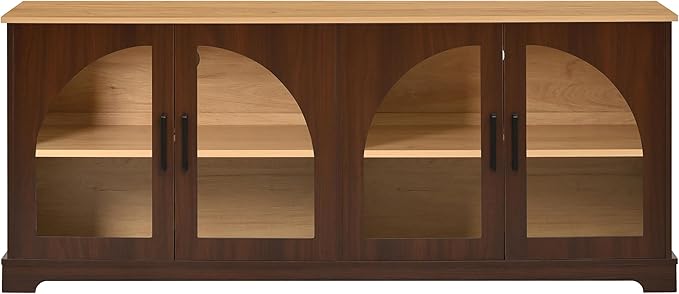 Farmhouse TV Stand with Adjustable Shelves for TVs up to 70'', Entertainment Center with Semi-Arched Glass Doors, Wood Grain Sideboard with Cable Management for Living Room, Walnut