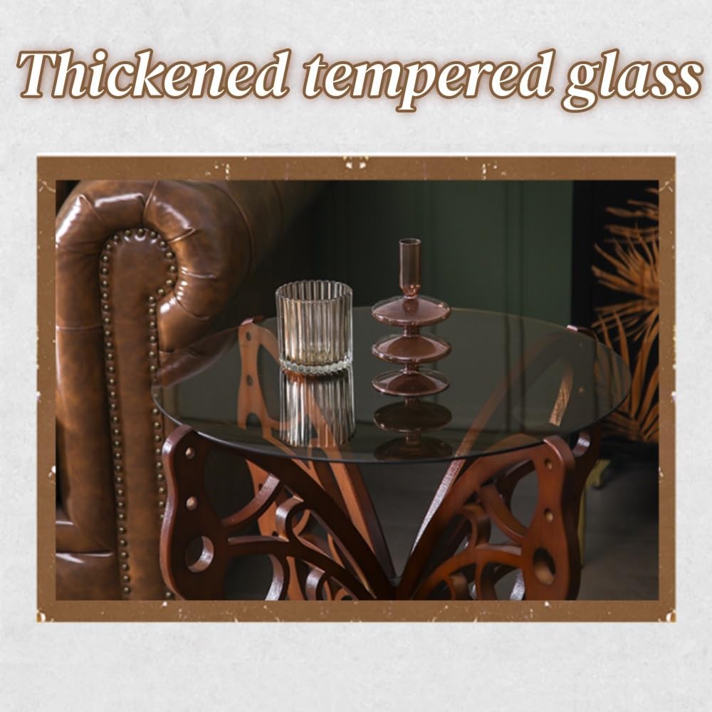 Butterfly Side Table, Tempered Glass Coffee Table with Solid Wood Base, Small...