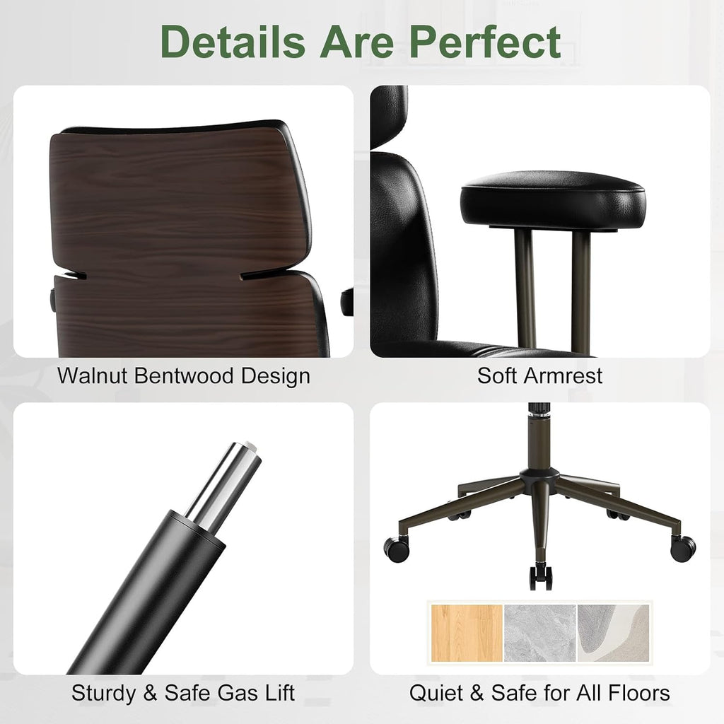 Mid-Century Modern Ergonomic Office Chair,Mid Back Faux Leather Executive Desk Chair with Walnut Bentwood,Tufted Adjustable Swivel Computer Chair for Home Office,Black