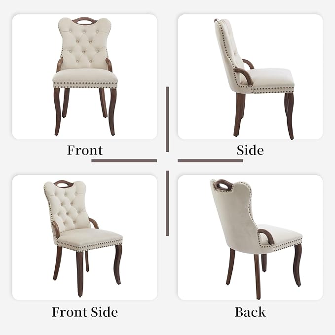Beige Velvet Dining Chairs Set of 2，Modern Upholstered Dining Room Chairs with Tufted Back and Wood Handles, Curved Solid Wood Legs, Sillas de Comedor