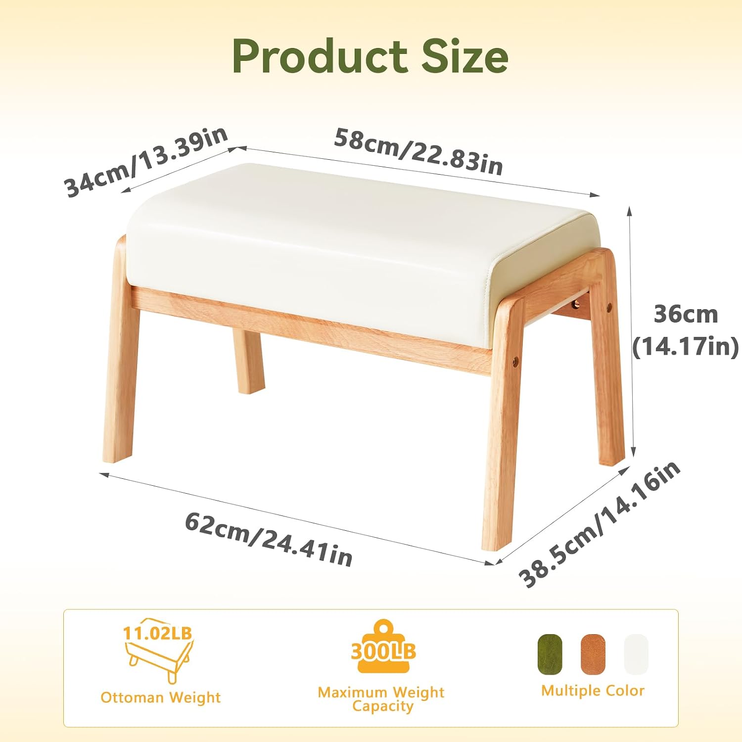 IBUYKE 14.2” H Large Foot Stool Ottoman, Rectangle PU Faux Leather Foot Rest with Padded Seat and Wood Legs, Modern Ottoman Foot Rest for Accent Chair Living Room Bedroom Couch Office, White WBD031W