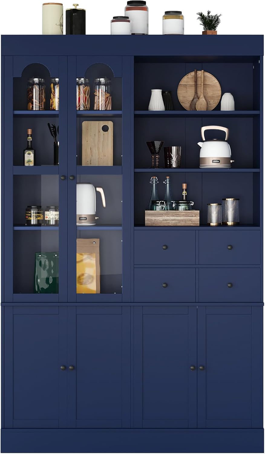 Freestanding Tall Kitchen Pantry Cabinet with 4 Drawers, Door Shelves and Pul...