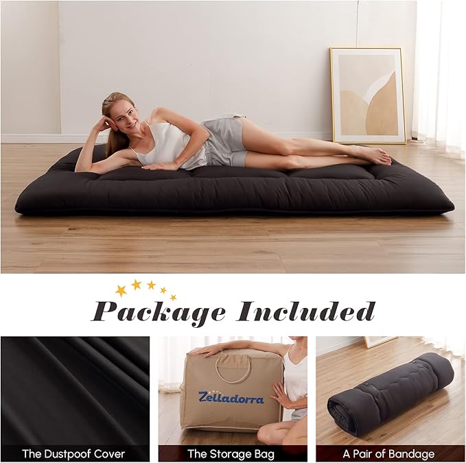 Japanese Floor Mattress, Futon Mattress with Portable Storage Bag and Washabl...