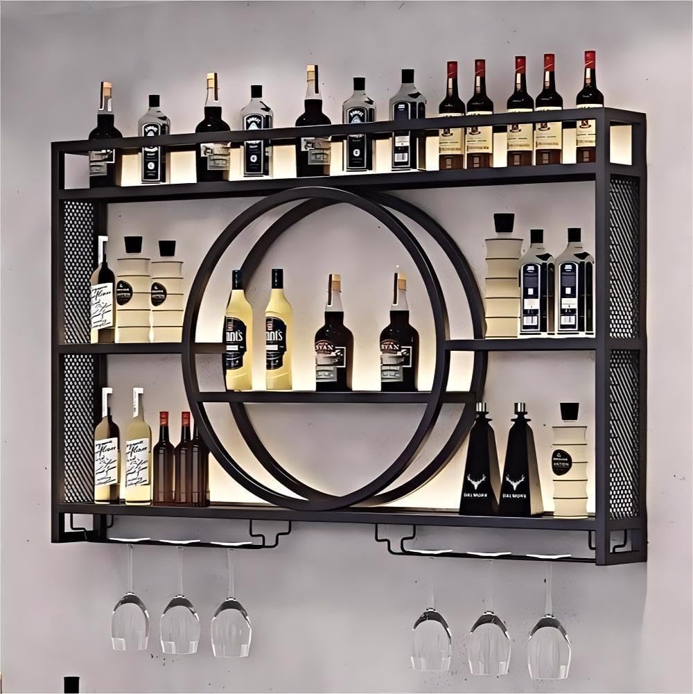 Wall Mounted Wine Rack with Light,3-Tier Metal Wine Bottle Shelf with Wine Glass Holder, Modern Bar Shelves Bar Liquor Bottle Display Shelf Multifunctional Wine Storage Rack for Home Bar (Black, 140)