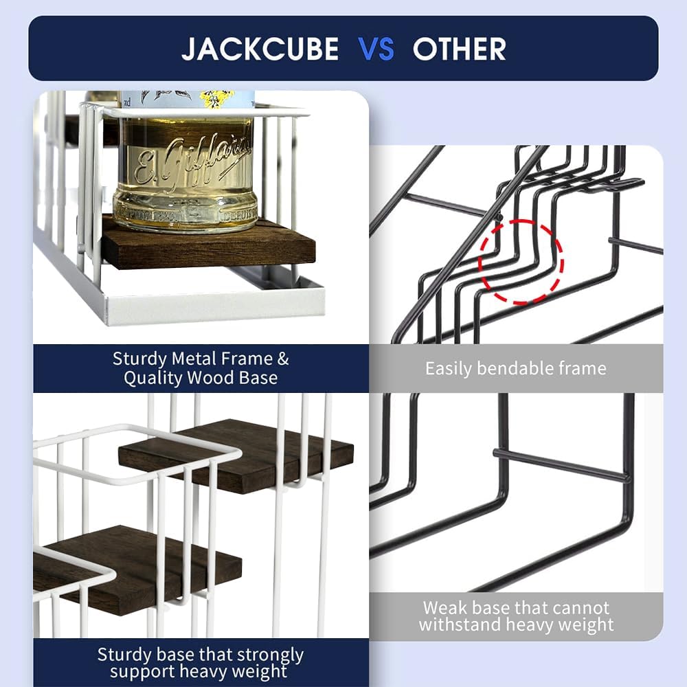 J JACKCUBE DESIGN Syrup Bottle Holder Rack, Rustic Wood and White Metal Wire 4 Tier Syrup, Wine, Dressing Bottle Countertop Display Storage Stand for Kitchen Coffee Bar- MK816B
