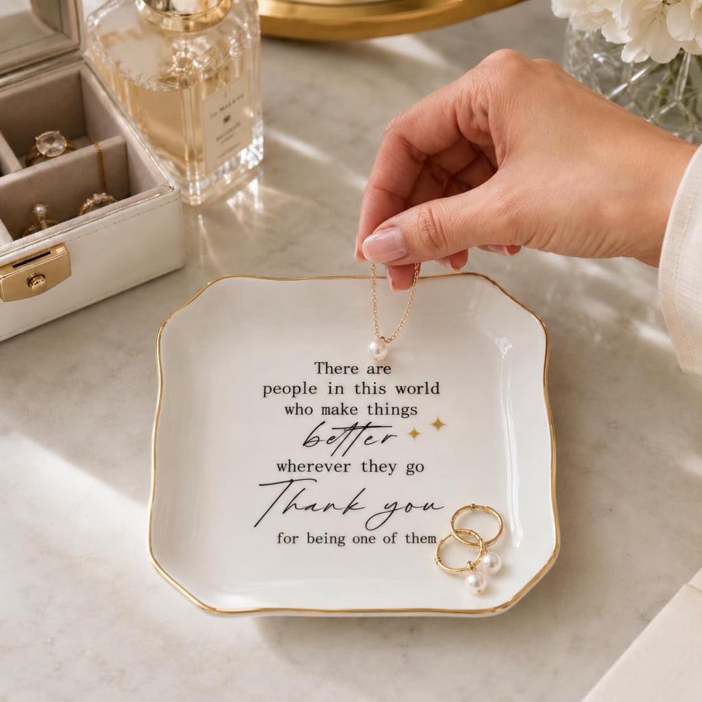 Thank You Gifts for Women - 4"x4" Ceramic Jewelry Dish Tray - Appreciation Inspirational Gifts for Women Employee Coworker Teacher Friends (White-Thank You)