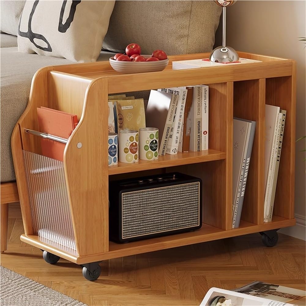 Movable Wood Side Tables with Casters, Rolling Table with Storage, Living Roo...
