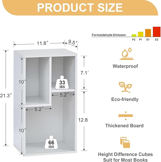 VECELO 3-Cube Bookcase, 2-Tier Customized Storage Display Shelf, Bookshelf with Height Difference Fits Tallest Hardcovers, Horizontal Available, Free Standing for Home Office, Pearl White