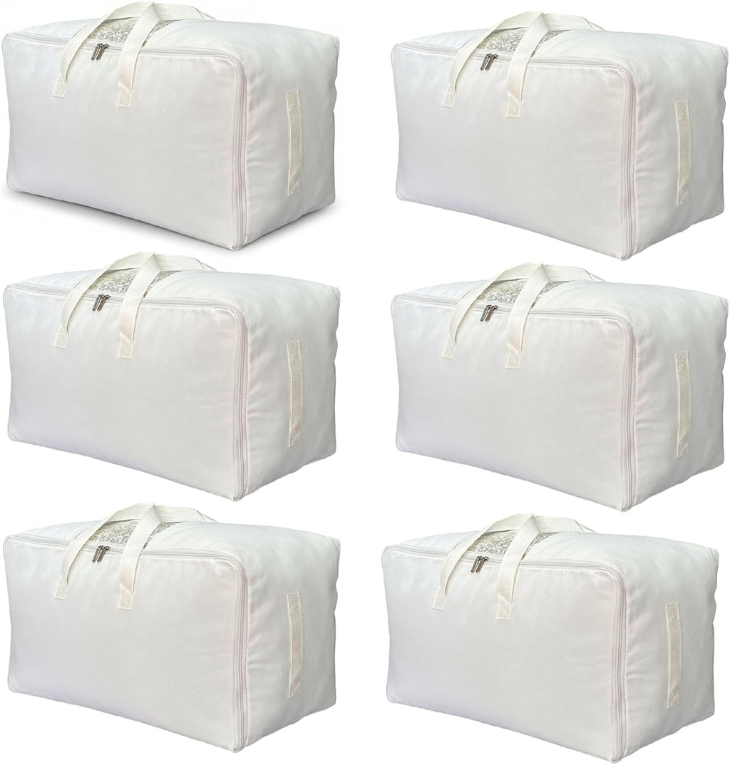 Soft Canvas Clothes Storage Bags with Four Carrying Handles and Clear Window, Closet Organizer for Clothing, Blankets Sheets Pillows and Bedding, 55L, 6 Pack, White